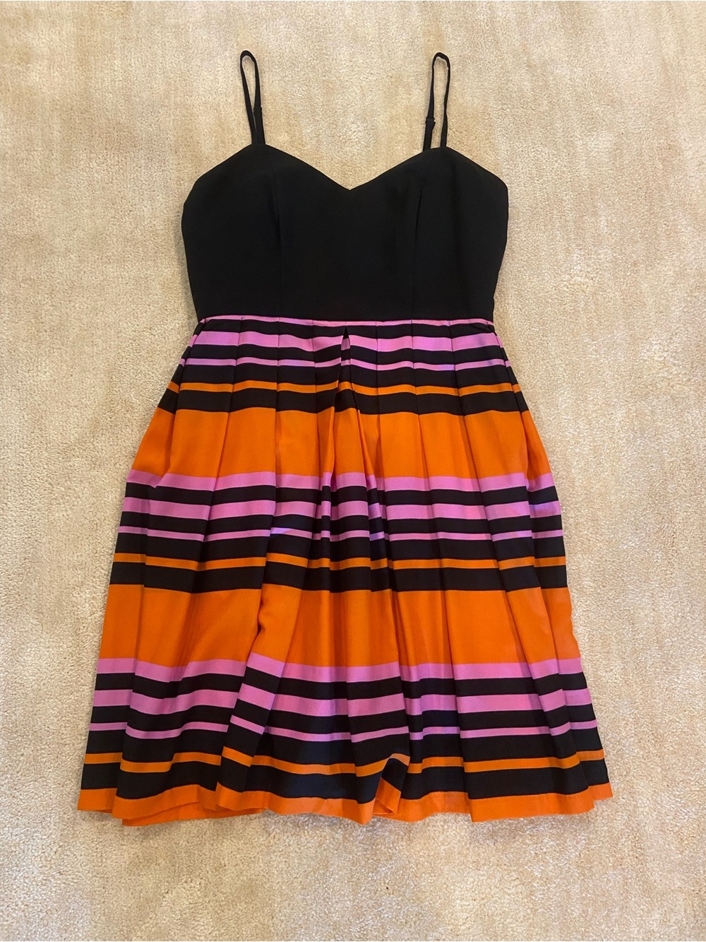 Minuet Black Bodice Dress with Orange and Pink Striped Skirt